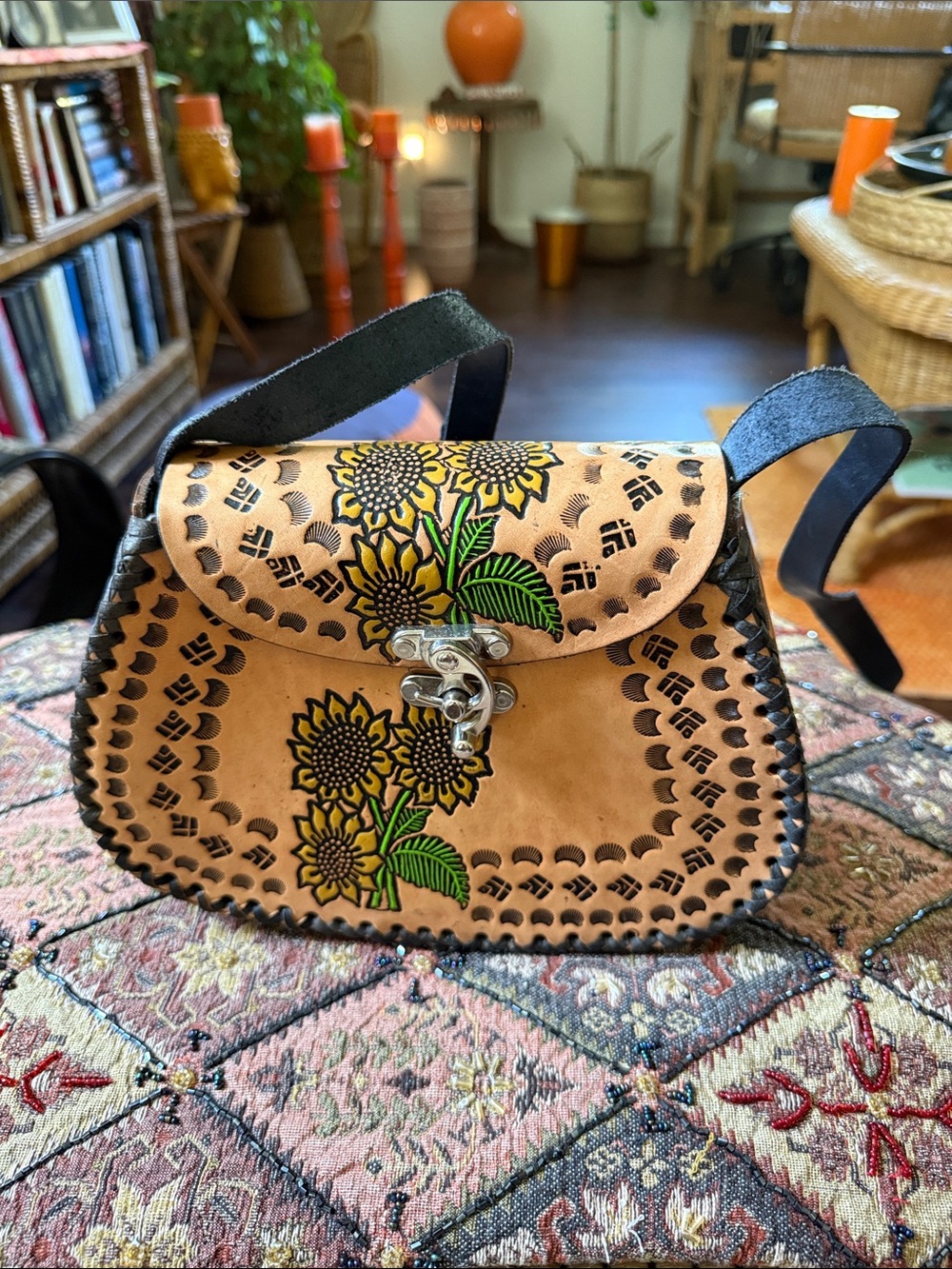 Handcrafted Sunflower-Printed Tan Leather Crossbody Bag